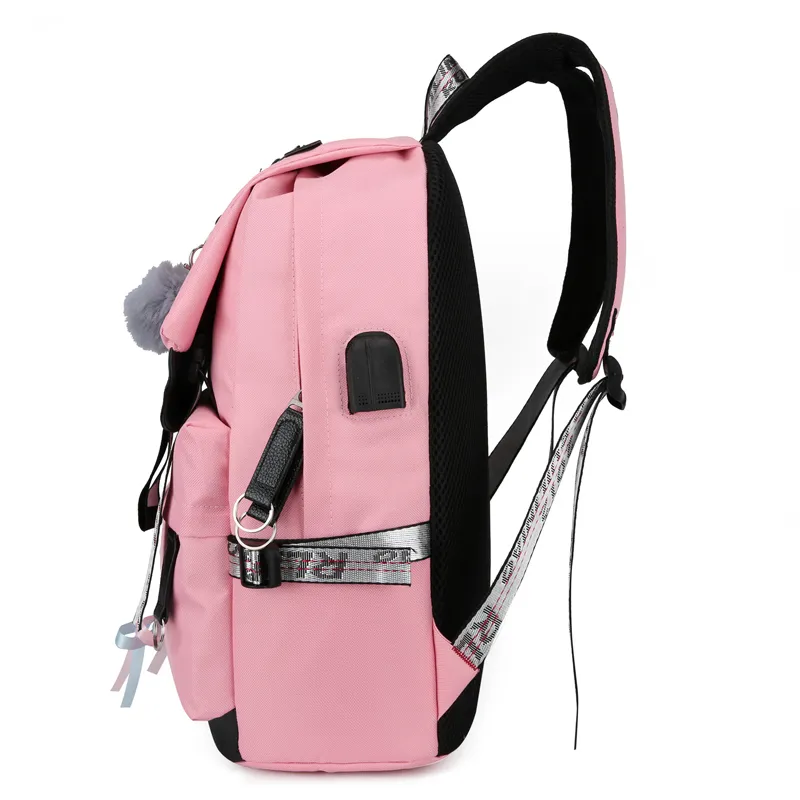 Big School Bags for Teenage Girls Backpack Schoolbag Large Green USB Printing Cute Girls Bookbags Student Fashion Ribbon Bow New L6731189