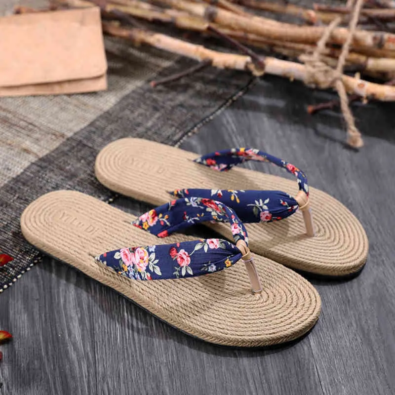 Zapatos de mujer Chanclas florales de verano Sandalias de playa Tangas Zapatillas Sandalias Imitación Cuerda de cáñamo Chanclas de viaje Fondo plano Y220221
