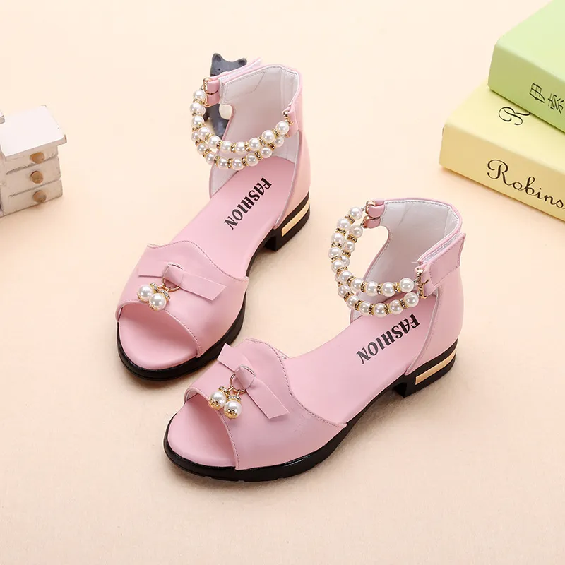 Fashion Bead Bow Bow Sandal Sandal Sandals Letnie na wysokich obcasach dla dzieci Buty plażowe 4 5 6 7 8 9 10 11 12 -letnia różowa biała 6440941