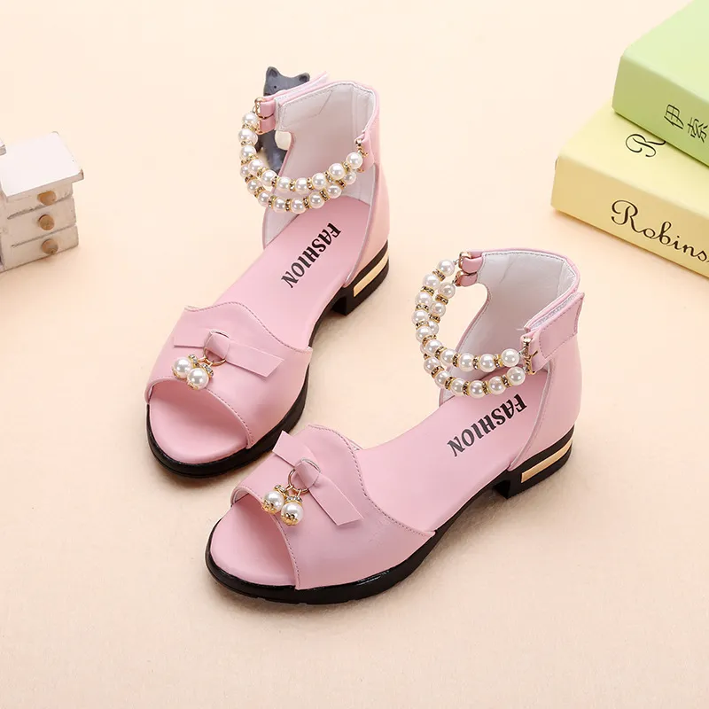 Fashion Bead Bow Kids Sandal For Girl Summer High Heels Sandals For Children Beach Shoe 4 5 6 7 8 9 10 11 12 Year Old Pink White7066739