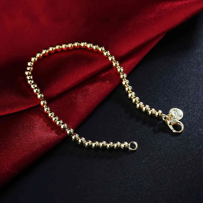 Bracelet en argent Sterling massif 100% véritable, chaîne à billes de 4mm, 20cm, à la mode, pour adolescentes, cadeau pour femmes, bijoux fins, 234J, 925