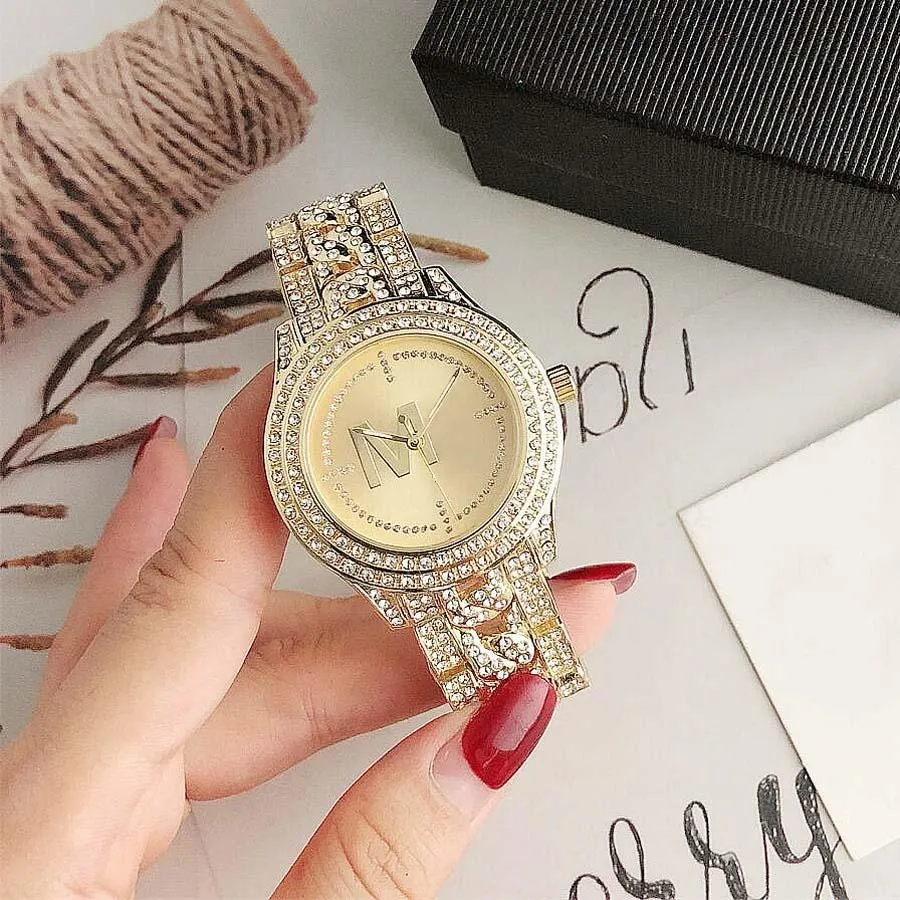 Brand Watches Women Lady Girl Diamond Crystal Big Letters Style Metal Steel Band Quartz Wrist Watch pretty durable gift grace high238j