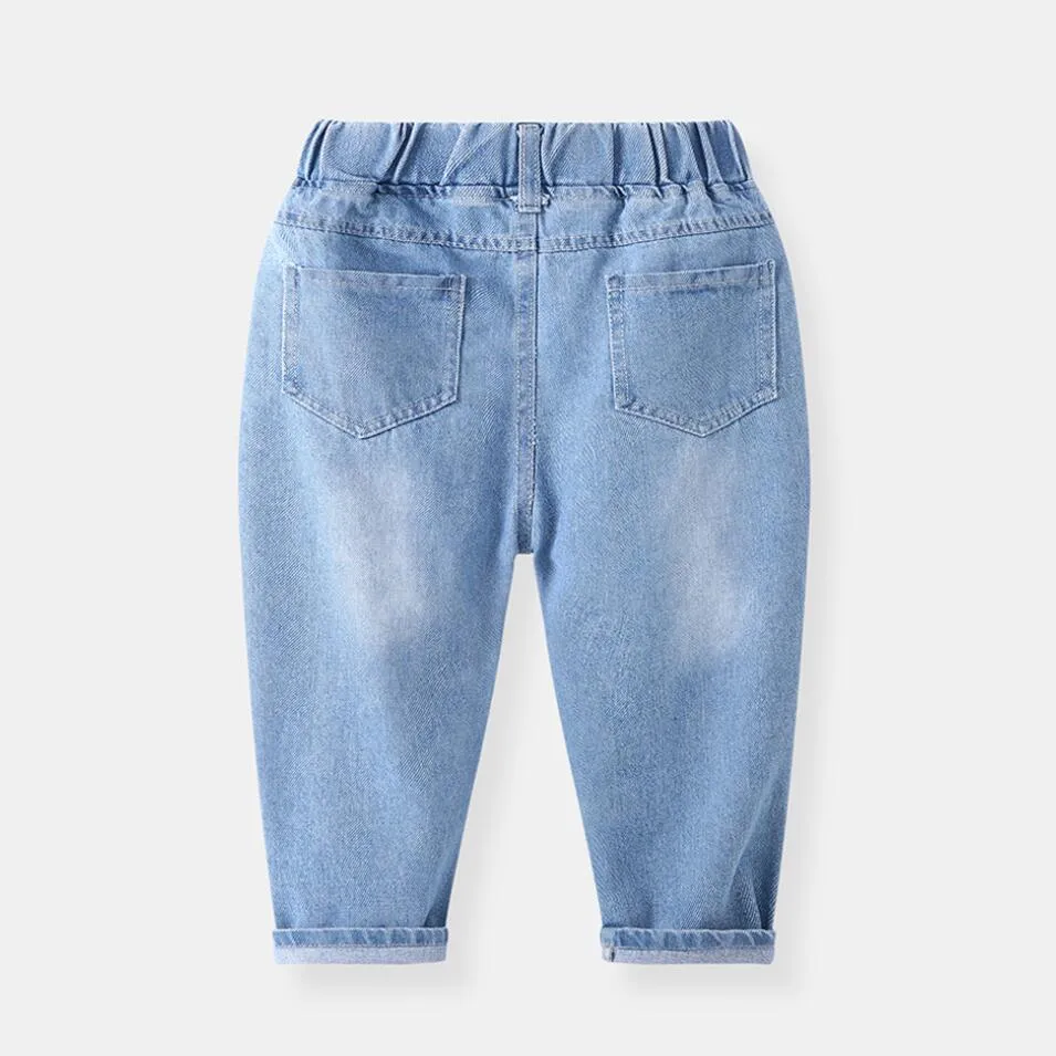 Barnbyxor pojkar tecknad jeans barn hål jeans mode denim byxor baby elastiska jean spädbarn kläder lj201203