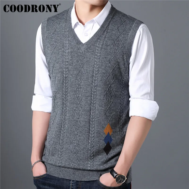 COODRONY Pull Hommes Col V Sans Manches Gilet Pull Homme Tricoté Cachemire Laine Hommes Pulls Automne Hiver Pull hommes 91018 201224
