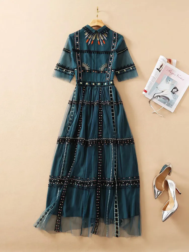 Pist Moda Yaz Lüks Nakış Mesh Uzun Elbise Kadınlar Zarif Kısa Kollu Etnik Vintage Gazlı Bez Parti Vestidos Lady