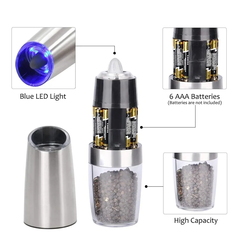 Gravity Electric Salt and Pepper Slinkers Zet op batterij bediende roestvrijstalen automatische pepersmolens met blauw LED -licht T20039460423