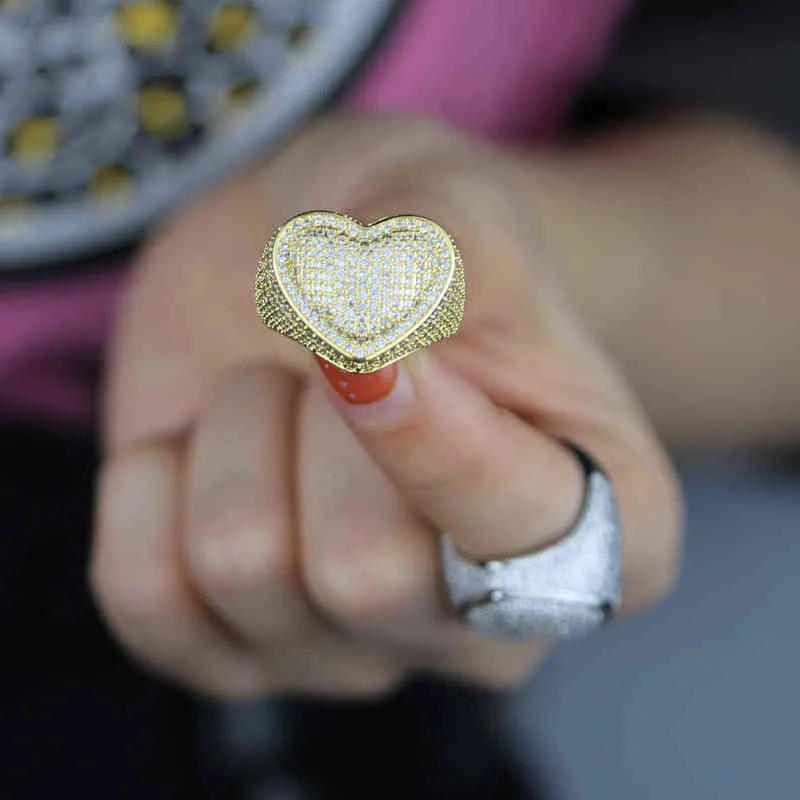 Золотой серебристый цвет Большое сердце кольцо 5A CZ Micro Pave Cubic Zircon кольцо наполнении Bling Hip Hop Punk Men Women Jewelry 220209