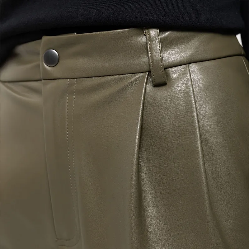 Casual Solid Color Real Pocket Loose Pu Leather Pants Office Ladies Basic Button Zipper Harem Fashion Autumn 220211