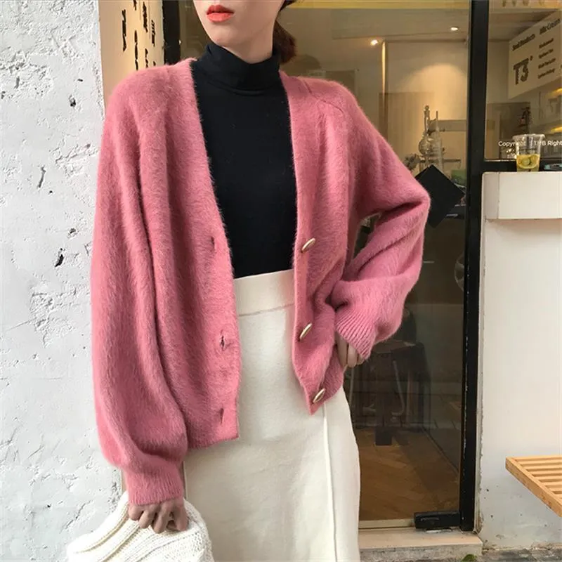 Autumn Winter V-neck Knitted Cardigan Imitation Cashmere Sweater Coat Hand Knit Mohair Jacket Long Faux Mane Fur Tops 201030