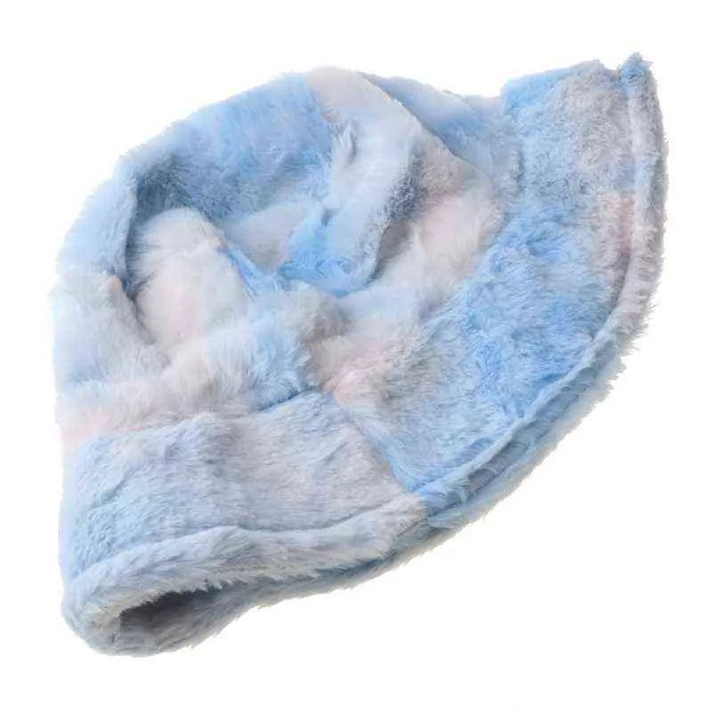 Femmes hiver arc-en-ciel cravate colorant seau chapeau moelleux en peluche épais chaud pêcheur casquette G220311