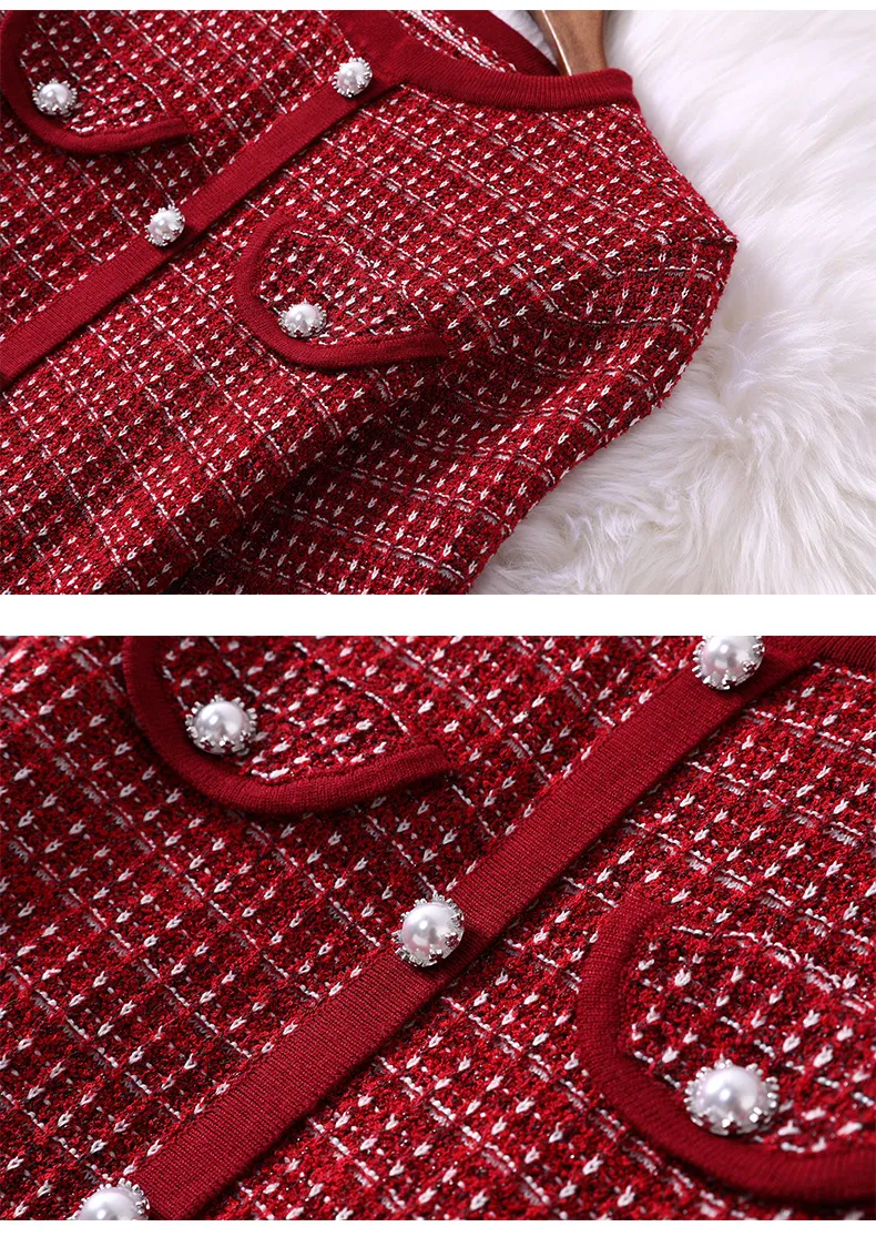 printemps 4 5 manches longues col rond rouge plaid tricoté boutons lambrissés mini robe courte robes décontractées élégantes md3188210