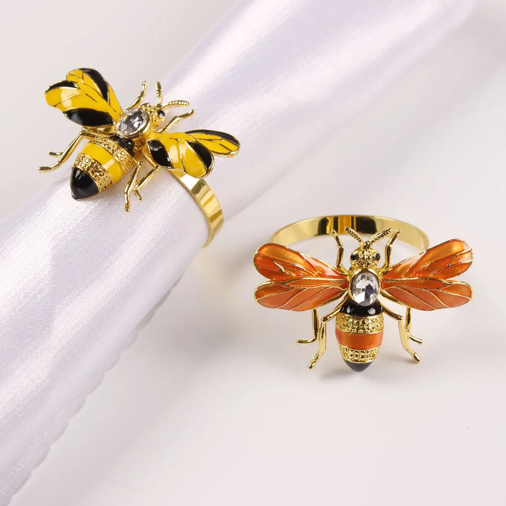6 pièces la nouvelle boucle de serviette en forme d'abeille, anneau de serviette en alliage vert insecte libellule goutte à goutte diamant boucle serviettes en papier 201124207Z