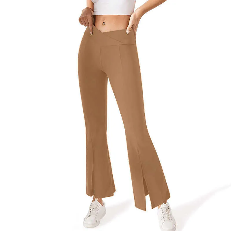 Pantalon évasé fendu de Yoga Leggings pour femmes taille en V fendu sans poche taille haute élastique fermeture du ventre pantalon de danse pantalons