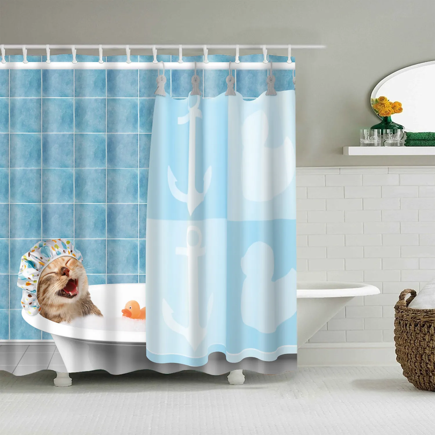 Rideau de bain animal bleu imperméable pour salle de bain Rideaux de douche imprimés animaux 3D mignons rideau de salle de bain cortina de bano 2011289035588