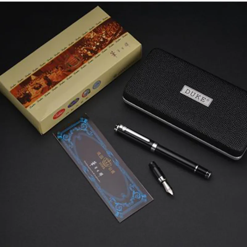 Marque de qualité de luxe Duke D2 Fountain Pen Set Box Metal Boat Fude Golden Ink Pen Papeterie Student Office Fournitures scolaires Nouveau 201202