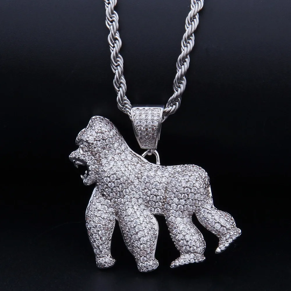 Heren Iced Out Bling Ape Zirkoon Hanger Ketting Hip Hop Rock Goud Zilver Kleur Sieraden Cadeau met roestvrijstalen ketting 2013439231