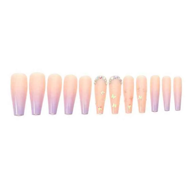 Fałszywe paznokcie 24 sztuk / zestaw Długie Trumny Fałszywe Nails Gradient Motyl Projekt Ballerina Fasle z klejem Pełna okładka Nail Tips Naciśnij 220225