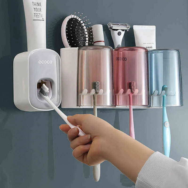 ECOCO Badezimmerzubehör Automatischer Zahnpasta-Quetschspender Punch Home Zahnbürstenhalter-Set Wandhalterung Aufbewahrungsregal 22200P
