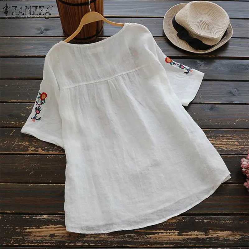 2019 Women Embroidery Blouse Summer Shirts Casual Short Sleeve Cotton Linen Blusas Chemise Robe Tunic Top Femme Blouses T200321