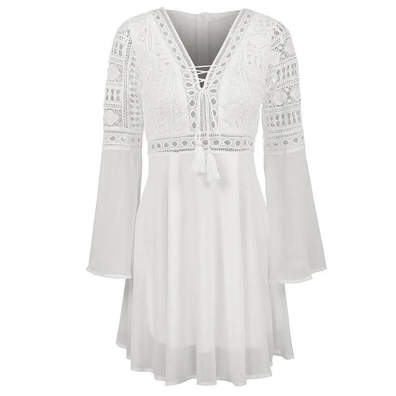 Nuove ragazze bianco estate bohemien mini abito donna moda primavera solido bianco mini pizzo abiti casual con scollo a V abiti a maniche lunghe X0521