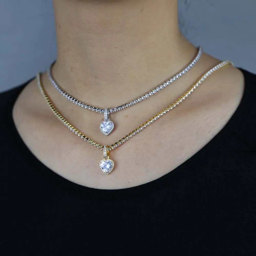 2021 Valentines Day Gift Jewelry 5A Cubic Zirconia 3mm CZ Tennis Chain Halo Heart Pendant Ice Halsband för flickvän330i