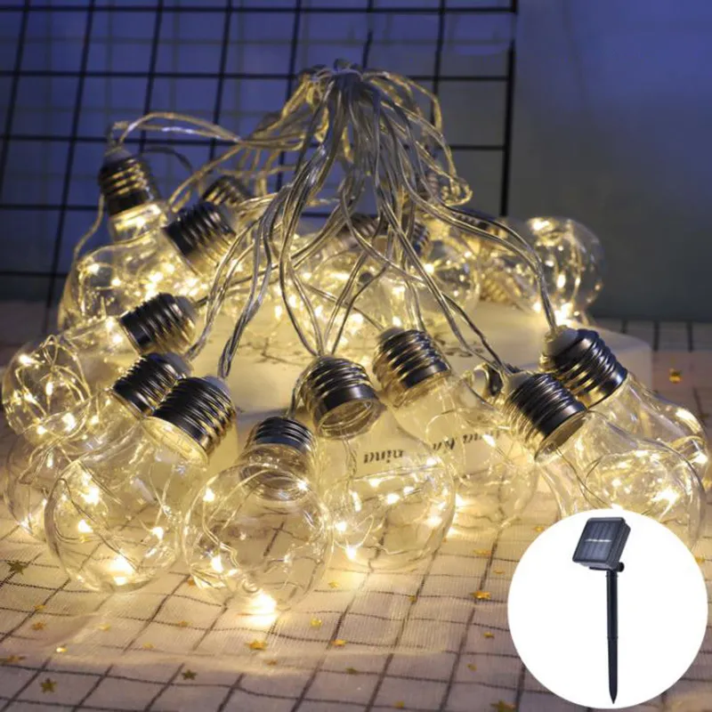 10/20 LED chaîne de lumière solaire rétro boule transparente crochet ampoule chaîne lumières LED boule étanche jardin décoration de mariage Y200903