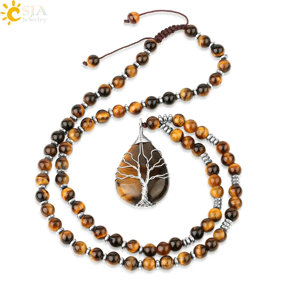 CSJA pierres naturelles perlées colliers d'oeil de tigre pour hommes arbre de vie pendentifs Mala Yoga perles 7 Chakra Reiki bijoux féminins S469 201013