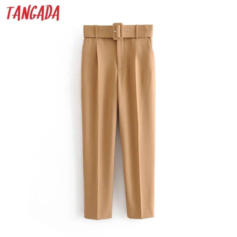 Tangada Black Suit Pants Woman High Waist Sashes Pockets Office Ladies Fashion Middle Aged Pink Yellow 6A22 220422