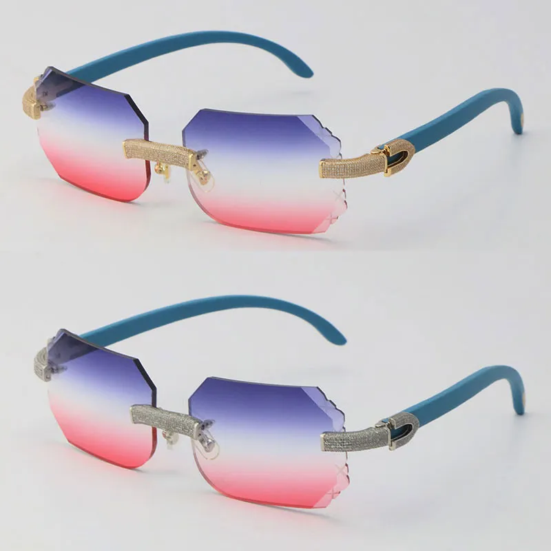 Nouveau Micro-pavé Vintage en bois sans monture de luxe diamant ensemble lunettes de soleil bleu bois conduite lunettes de soleil Rocks métal cadre mâle et Fema184H