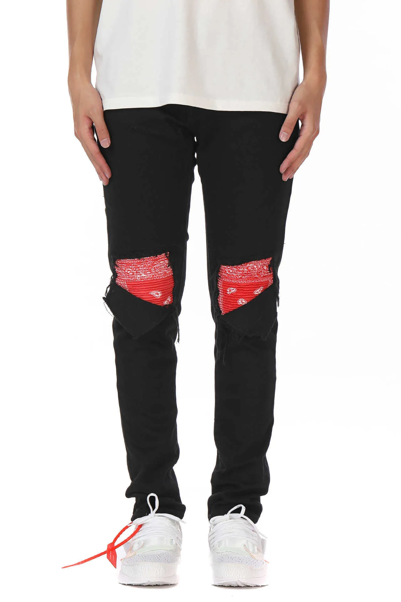 Jeans para hombre Agujero lavado gato barba patchwork anacardo púrpura rojo ameba jeans slim fit micro elástico jeans298g