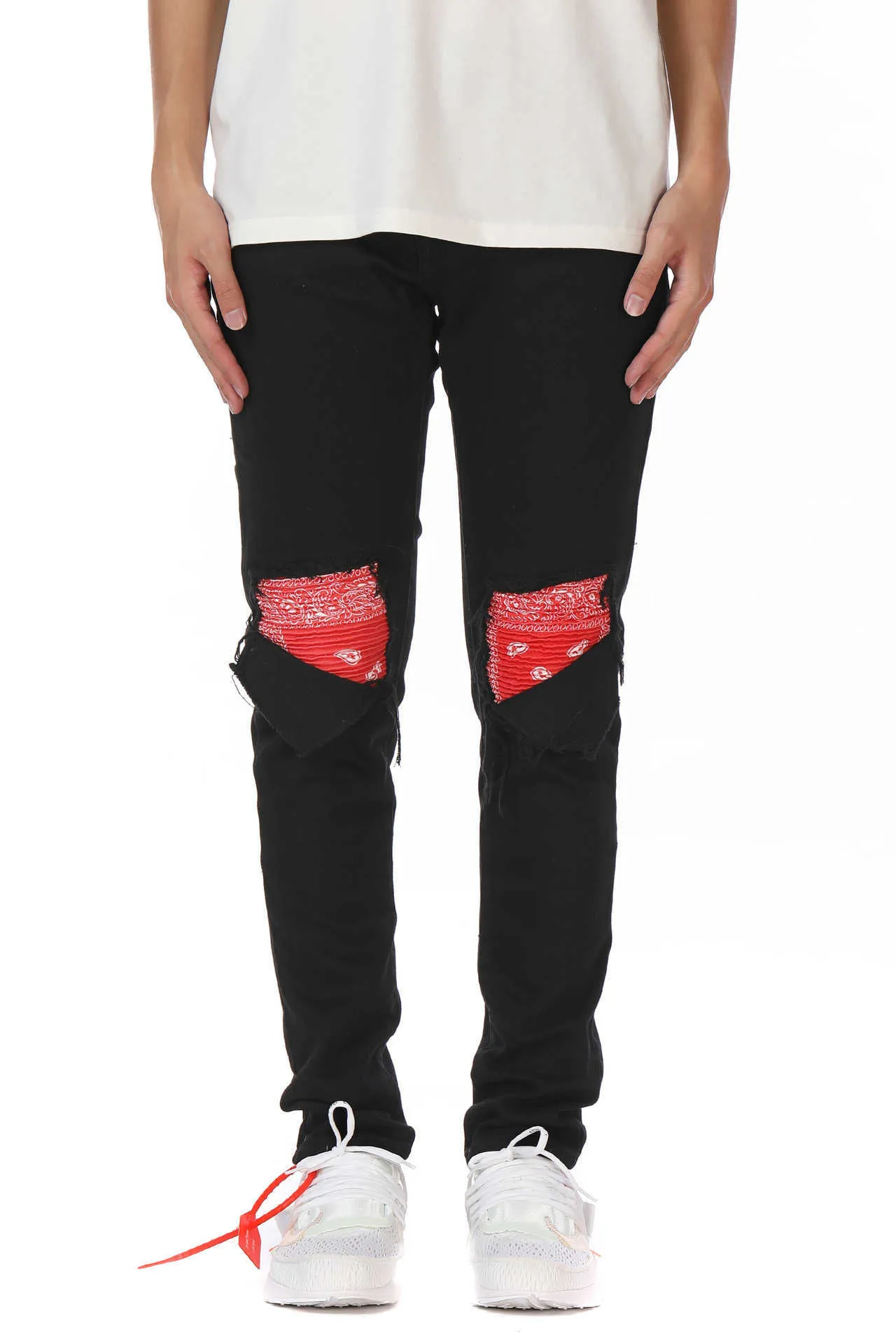 Mäns jeans tvättade hål katt skägg lapptäcke cashewnöt lila röda amoeba jeans smala fit mikro elastiska jeans258b