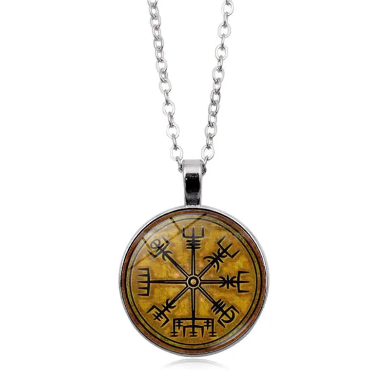 펜던트 목걸이 Vegvisir Viking Compass for 남자 여자 쥬얼리 전사 기호 룬 어류 콜리어 유리 카보콘 목걸이 190y