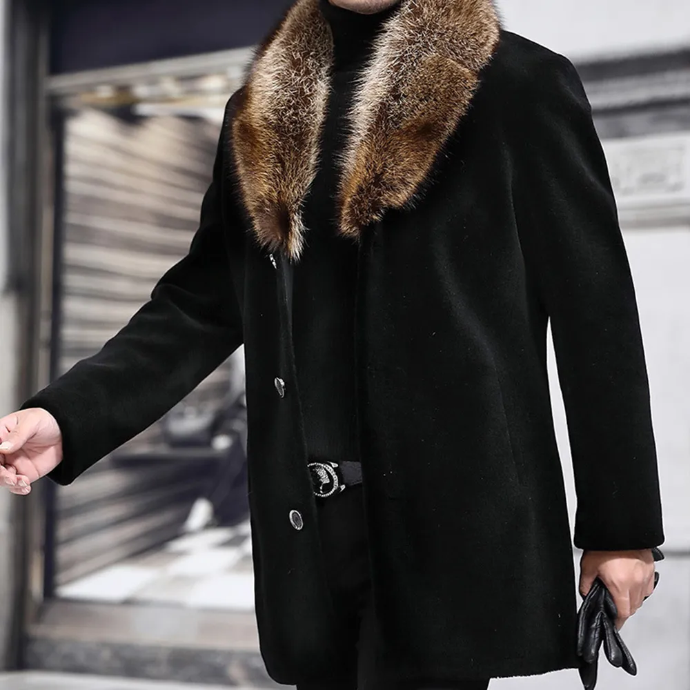 Kış erkekler uzun palto karışımı sahte kürk yaka siyah sıcak erkek ince gündelik rüzgar kırıcı ceket sonbahar hendek artı dış giyim 201214
