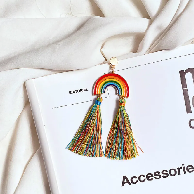 أقراط التدوير Bohmia Rainbow Tassel Ear Rings stud for Women Fashion Jewelry Will and Sandy Gift