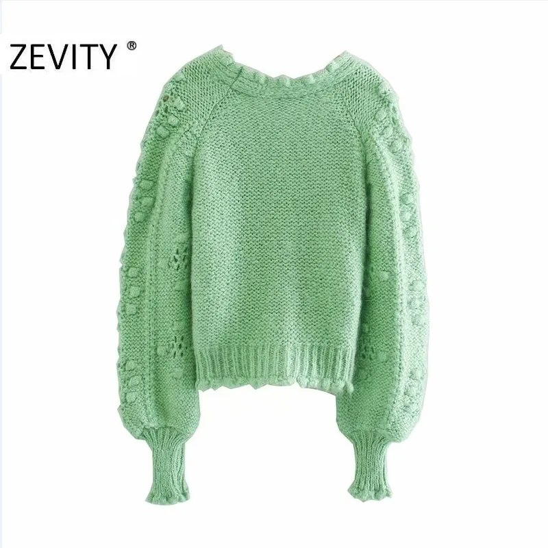 ZEVITY Women Fashion V Neck Ball Appliques Cardigan breien trui lady lange mouw casual knoppen sweaters chic tops S387 201222