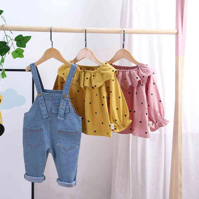 Printemps automne enfants coton vêtements bébé filles costume pour capuche denim bavoir pantalon / ensembles out kid mode vêtements ensembles 211224