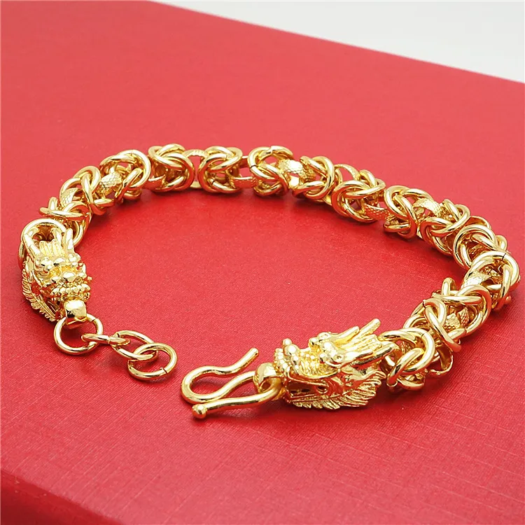 Men039s high quality copper plated 24K gold bracelet Domineering double dragon goldenplated bracelets Men jewelry47773913178197