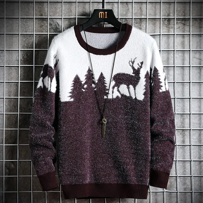 Huncher Mens Pull tricoté Hommes Automne Hiver Casual Arbre de Noël Cerf Pull Vintage Noir Slim Fit Pulls Mâle 201221