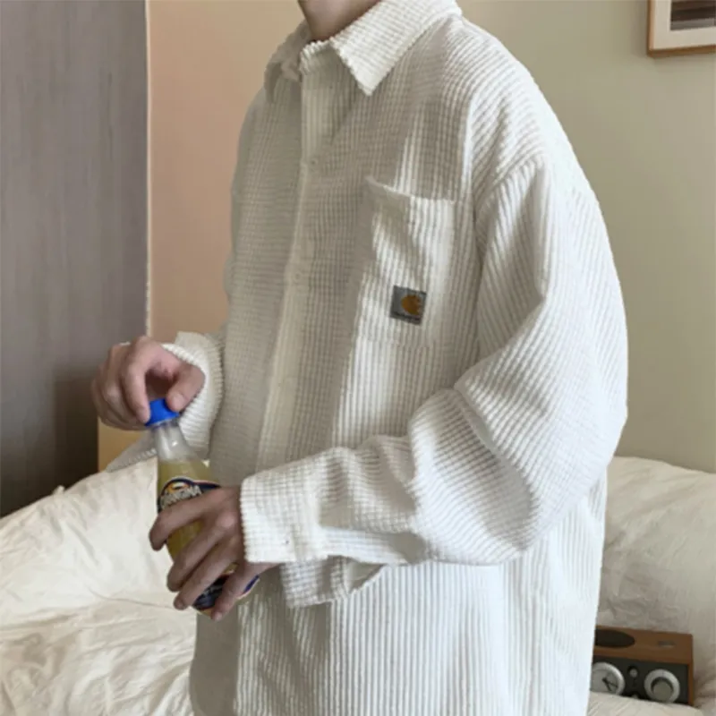 Ebaihui الرجال قمصان طويلة الأكمام طية صدر السترة corduroy تيز خمر اليومية تنفس العرق ماصة النمط الياباني ملابس الرجال
