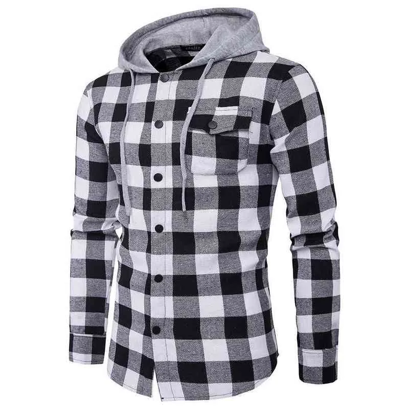 Mode Plaid Hooded Denim Shirt Slim Fit Hommes Chemises Habillées Check Plaid À Manches Longues Hommes Casual Shirt Bussiness Social Chemise G0105