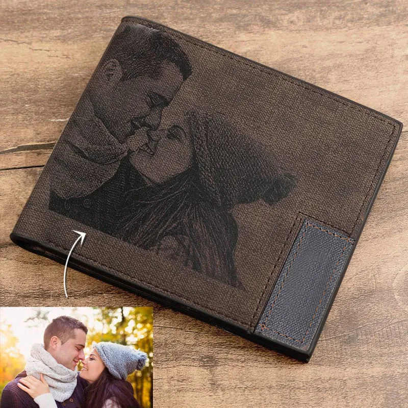 Carteira de couro PU com imagem personalizada Bifold masculina com inscrição personalizada Po gravada carteira presentes de ação de graças para ele carteira personalizada 220217