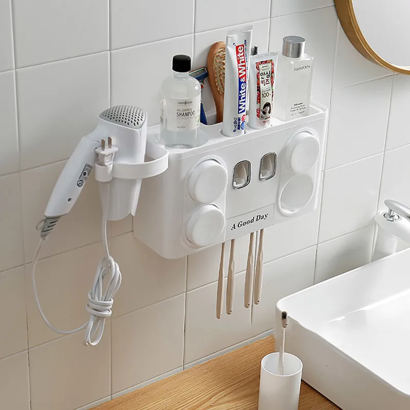 Porte-brosse à dents familiale Set facile à installer en plastique salle de bain brosse à dents support de rangement distributeur de dentifrice avec 4 tasses Y200407