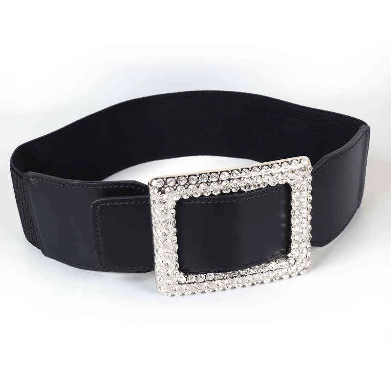 black waistbands fashion elastic belts for women dress wide waist seal HOT rhinestone silver rectangl buckle stretch waistband G220301