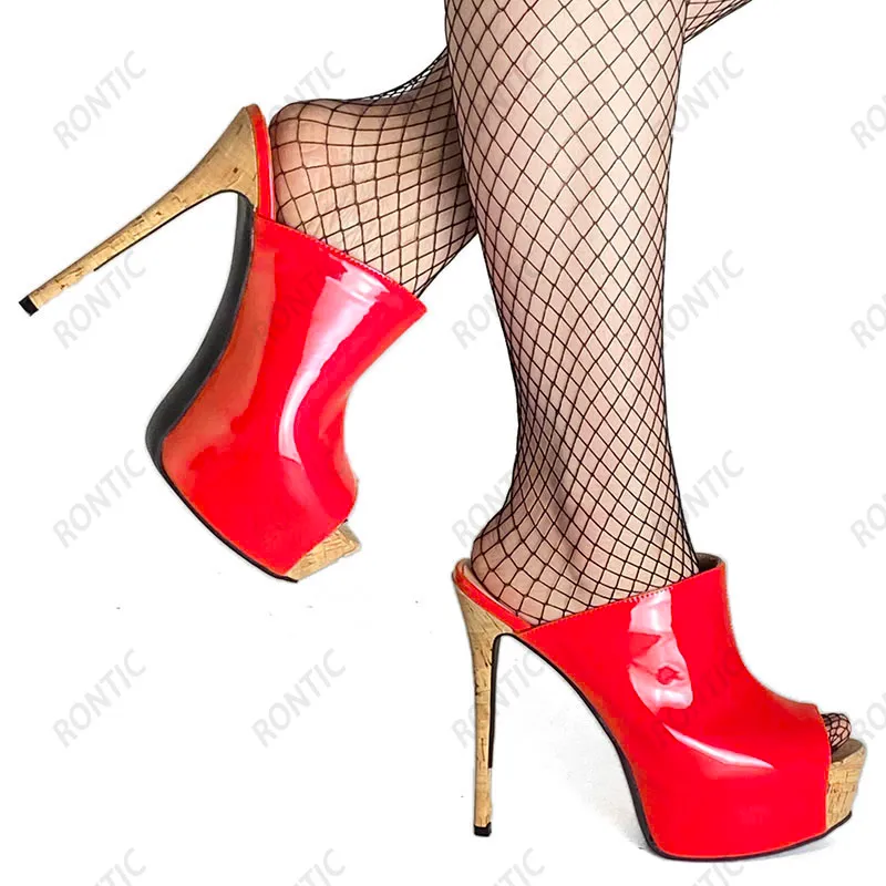 Rontic 100% fait à la main femmes Mules sandales en cuir verni Sexy talons aiguilles Peep Toe belles chaussures de fête dames taille américaine 5-20