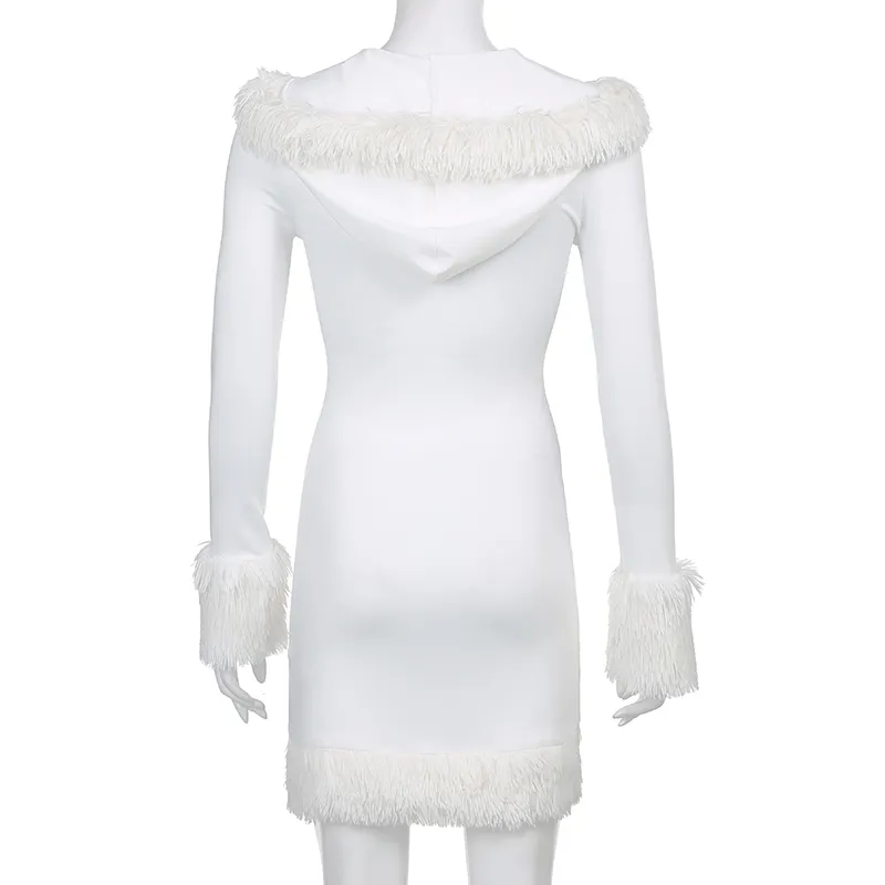 HEYounGIRL Harige Witte Bodycon Mini-jurken Vrouwen Herfst Lange Mouw Capuchon V-hals Jurk Skinny Fuzzy Party Streetwear Winter 220228