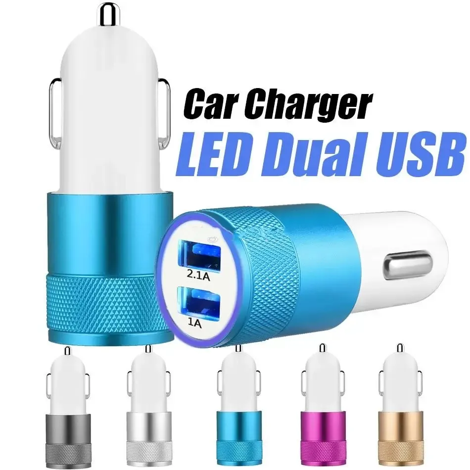 Favors Car Charger Metal Travel Adapter 2 Ports Colorful Micro USB Car Plug For Samsung Note 8 phone 7 OPP Package FY7804 C0221