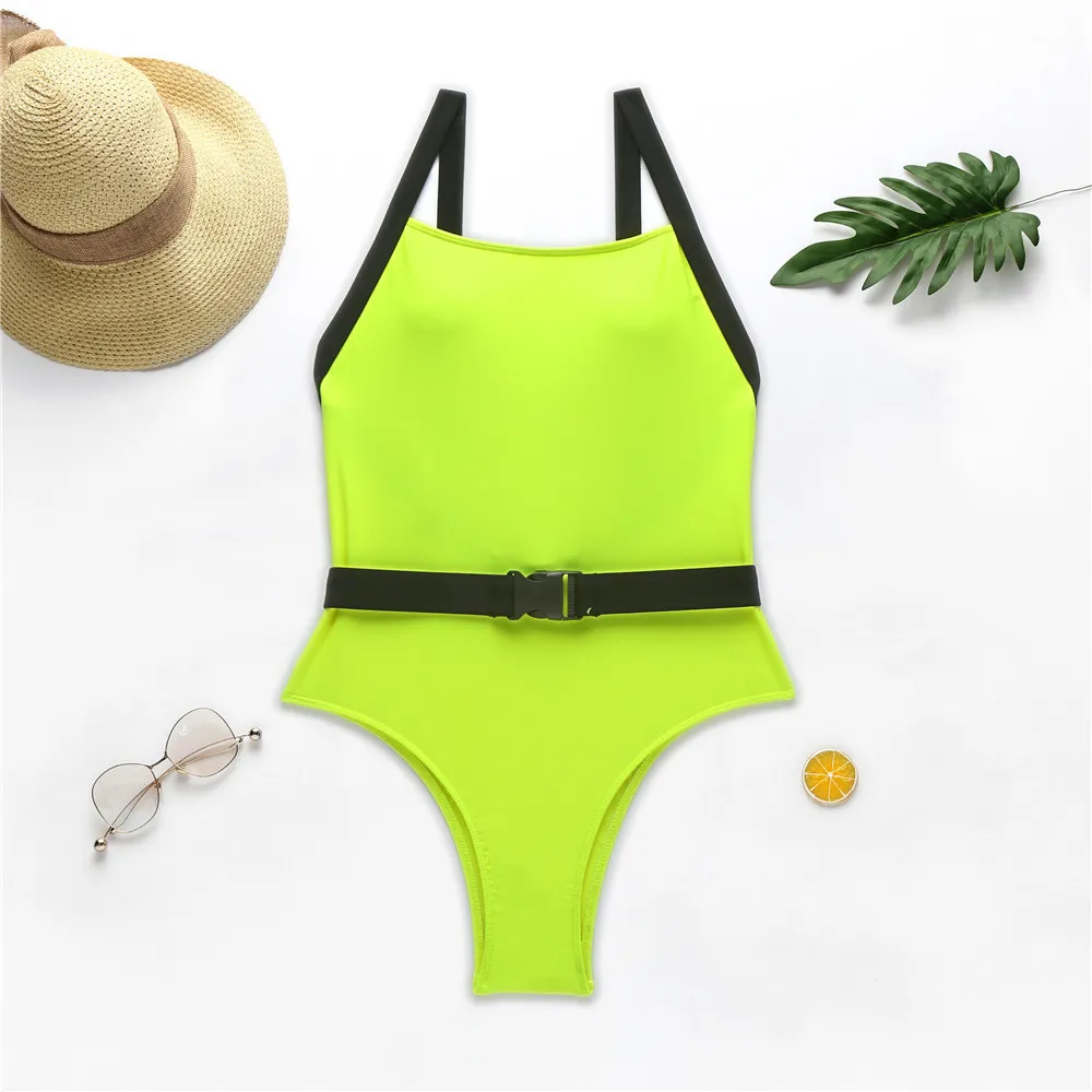 Neon Yellow Belt Buckle Swimsuit Swimwear Women Sexy Bikini 2020 Summer Monokini High Cut Bathing Suit Women Bathers T200708