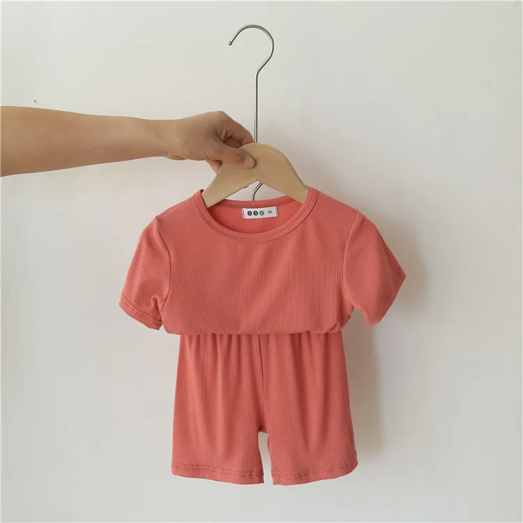 Zomer Kinderloungewear Effen Dunne Geribbelde Katoenen Kinderpyjama Set Baby Jongens Meisjes Nachtkleding Homewear Pak Met Korte Mouwen 2011264098703