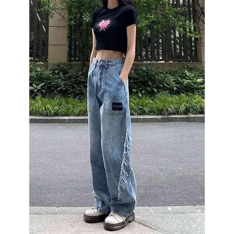 Retro Design Blue Ladies Jeans Y2k Straight and Thin Loose High Waist Wide Leg Mopping Street Pants Autumn 2021