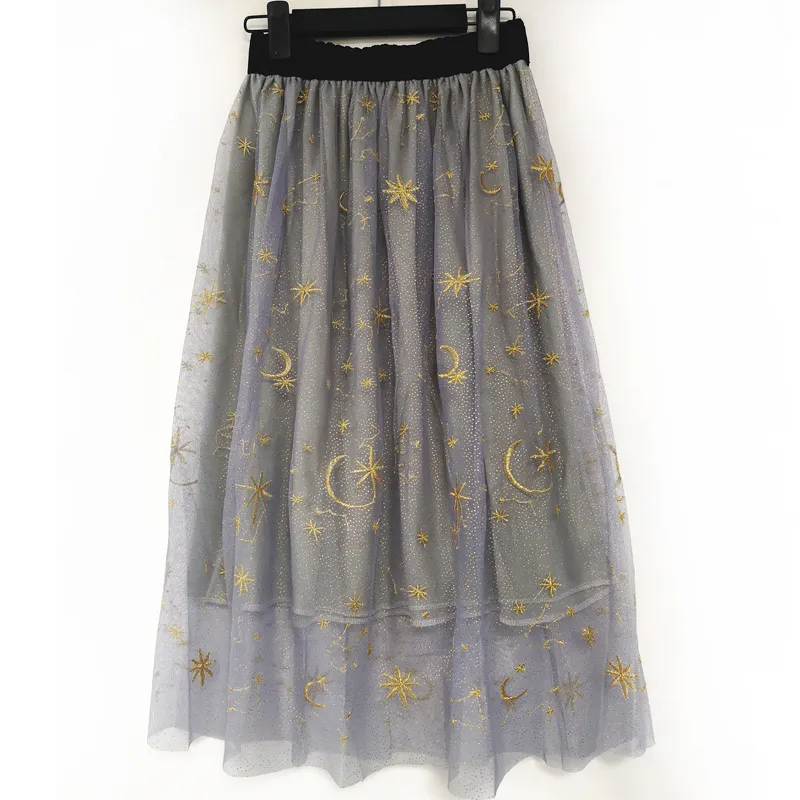 Flectit Gold Moon Star Jupe en tulle brodé Vintage Tissu semi-transparent Taille haute Jupe mi-longue plissée pour femmes Dames T200712
